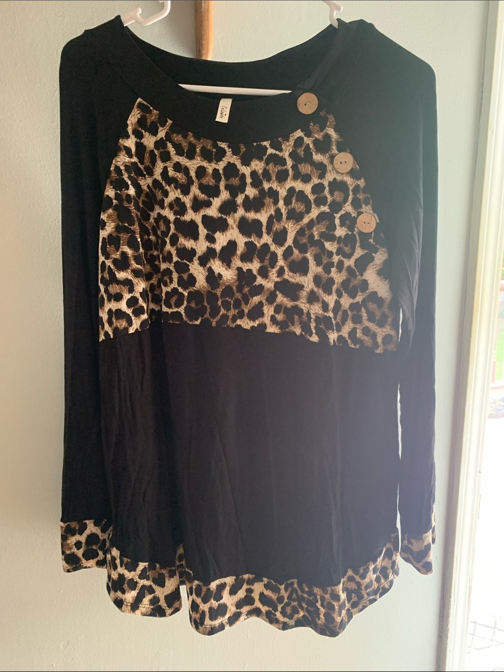 Celeste Black Long Sleeve Top with Leopard Print Accents